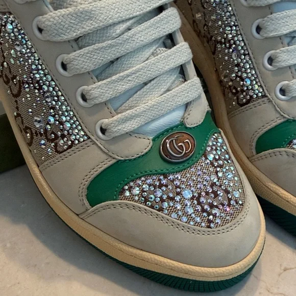Gucci Women's Crystal-Embellished Green and Cream Sneakers - Picture 2 of 4